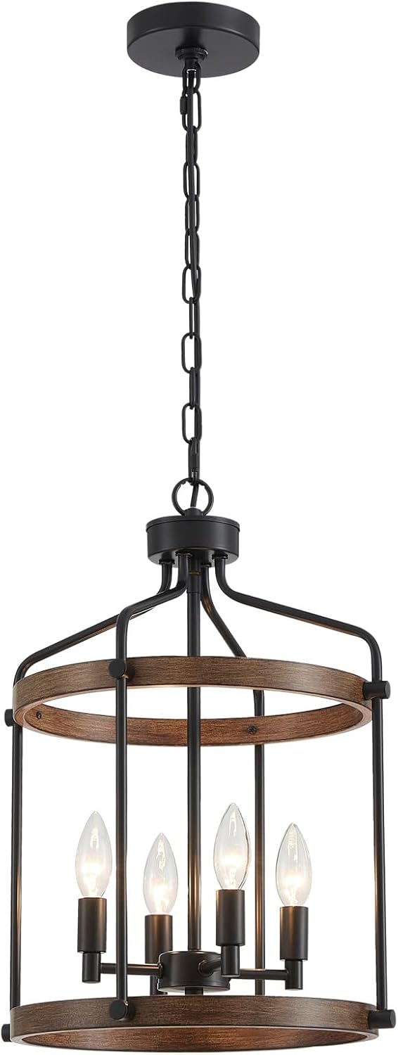 Farmhouse Black Chandelier — 4-Light — Black&Wood Grain