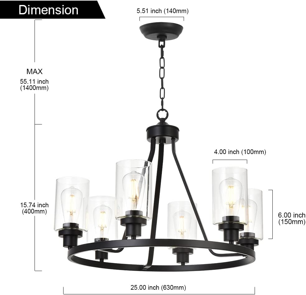 Farmhouse Black Chandelier — 6-Light - View 7