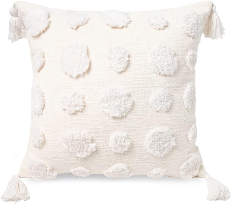 Tufted Boho Grey Throw Pillow Cover — 20" — White