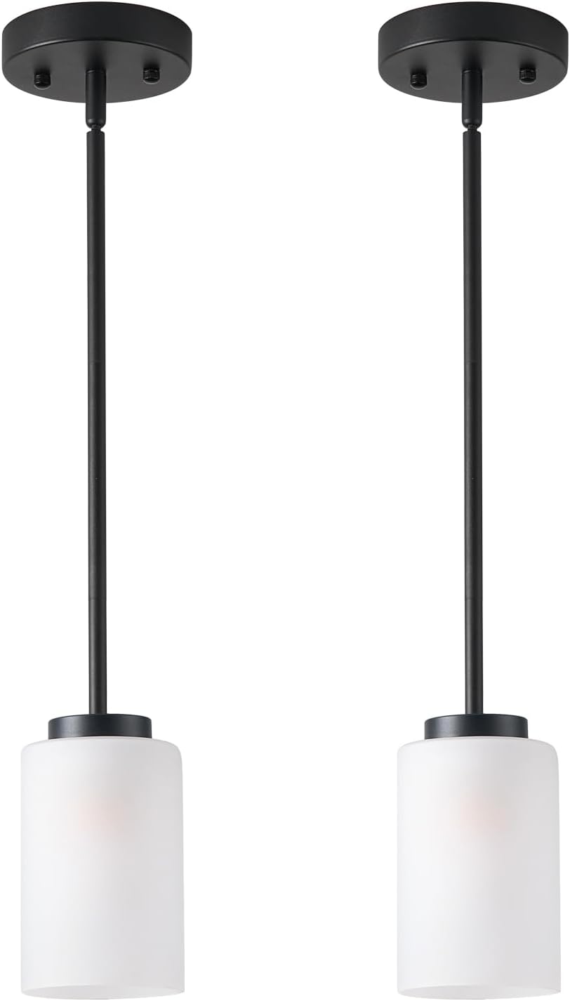 Adjustable Modern Black Chandelier — 1-Light — Black Cord with Opal White Glass