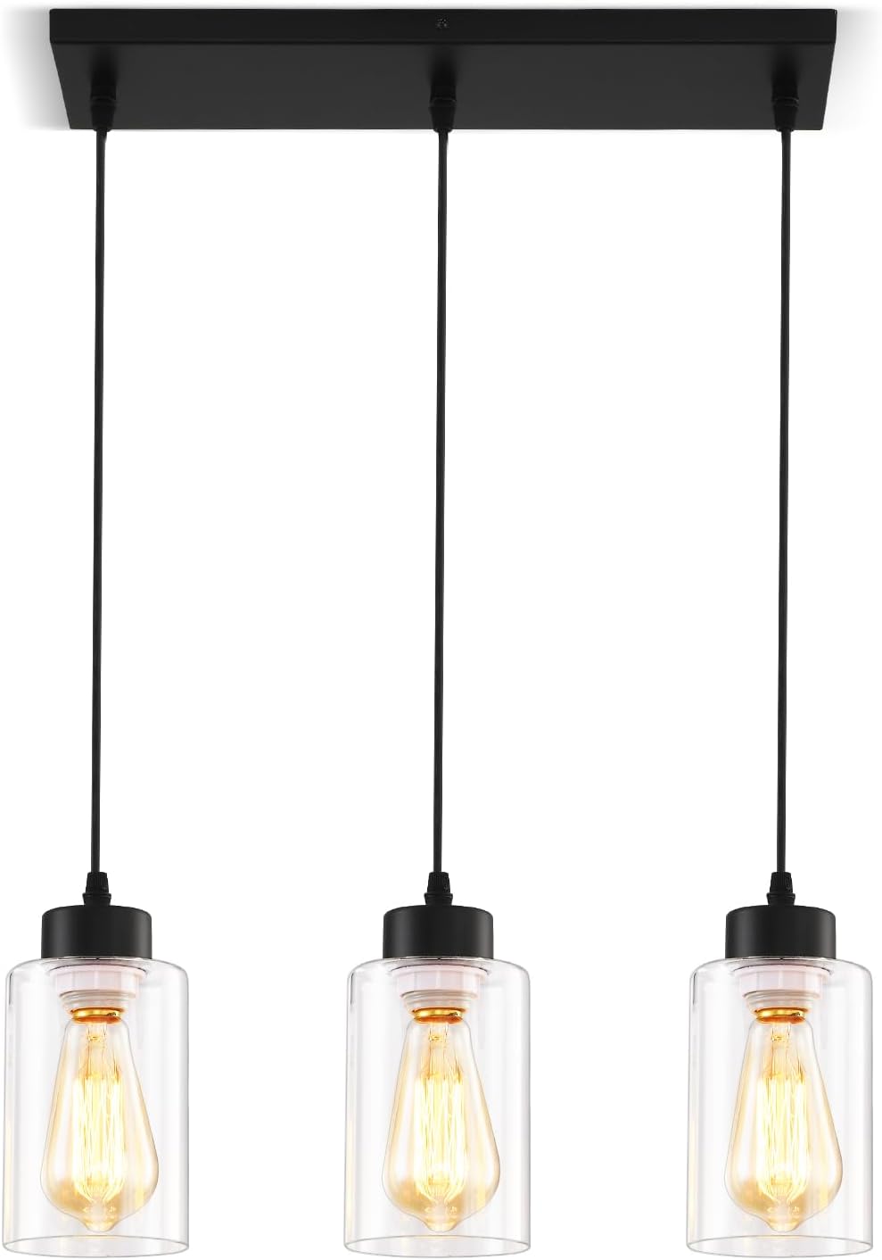 Adjustable Farmhouse Black Pendant Light — 3-Lights with Clear Glass
