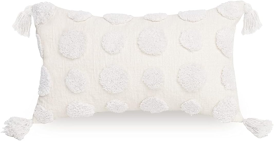 Tufted Boho Grey Throw Pillow Cover — 20" — White