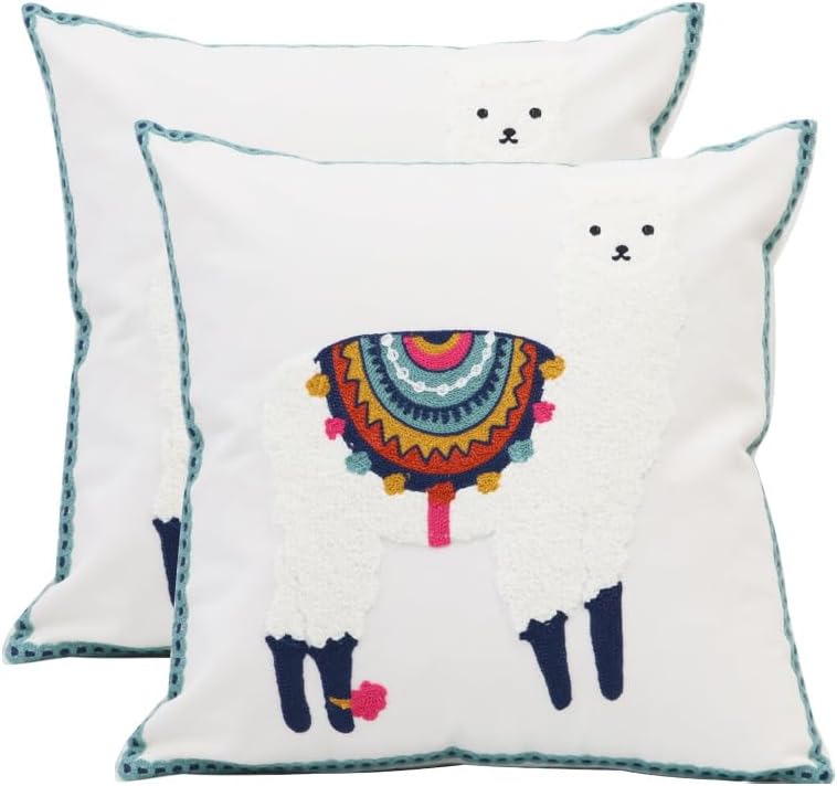 Embroidered Boho Blue Throw Pillow Cover — 18" — White Alpaca