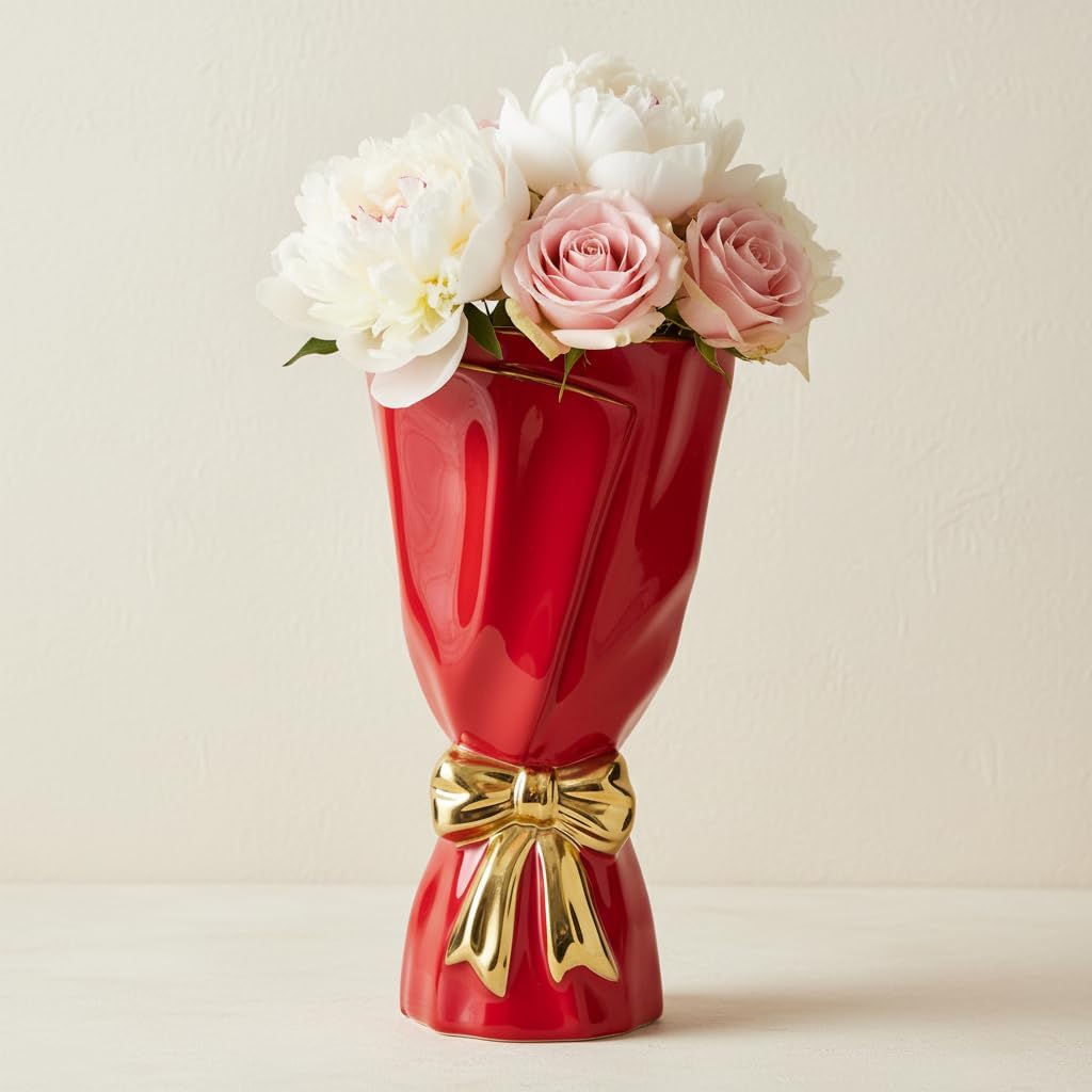 Boho Beige Flower Vase — 3" — Red and Gold