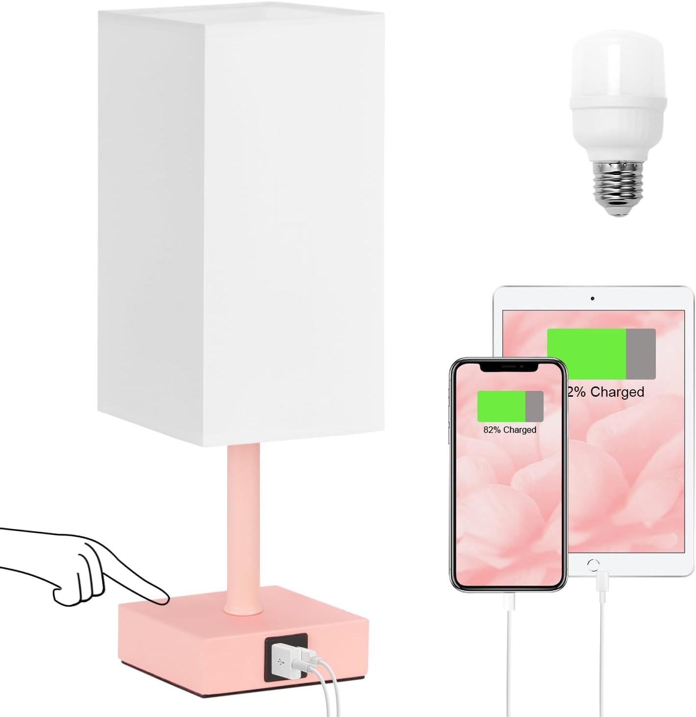 Touch Control Black Nightstand Lamp — White & Pink
