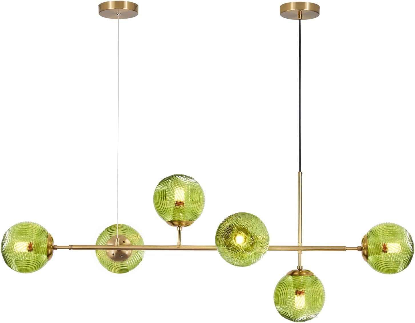 Mid-Century Gold Chandelier — 6-Light — Gold+Green