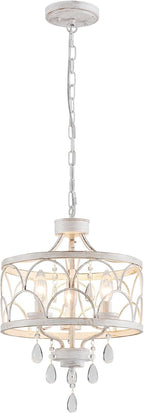 Round Farmhouse Gold Chandelier — 3-Light — Pendant Light, Antique White, 3 Light