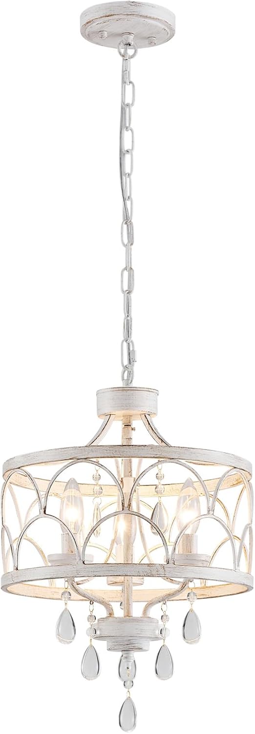 Round Farmhouse Gold Chandelier — 3-Light — Pendant Light, Antique White, 3 Light