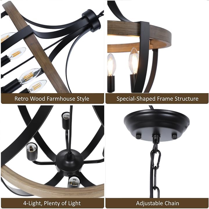 Vintage Farmhouse Wood Chandelier — 4-Light - View 6