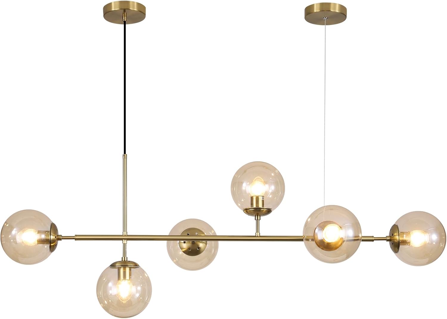 Mid-Century Gold Chandelier — 6-Light — Gold+Amber