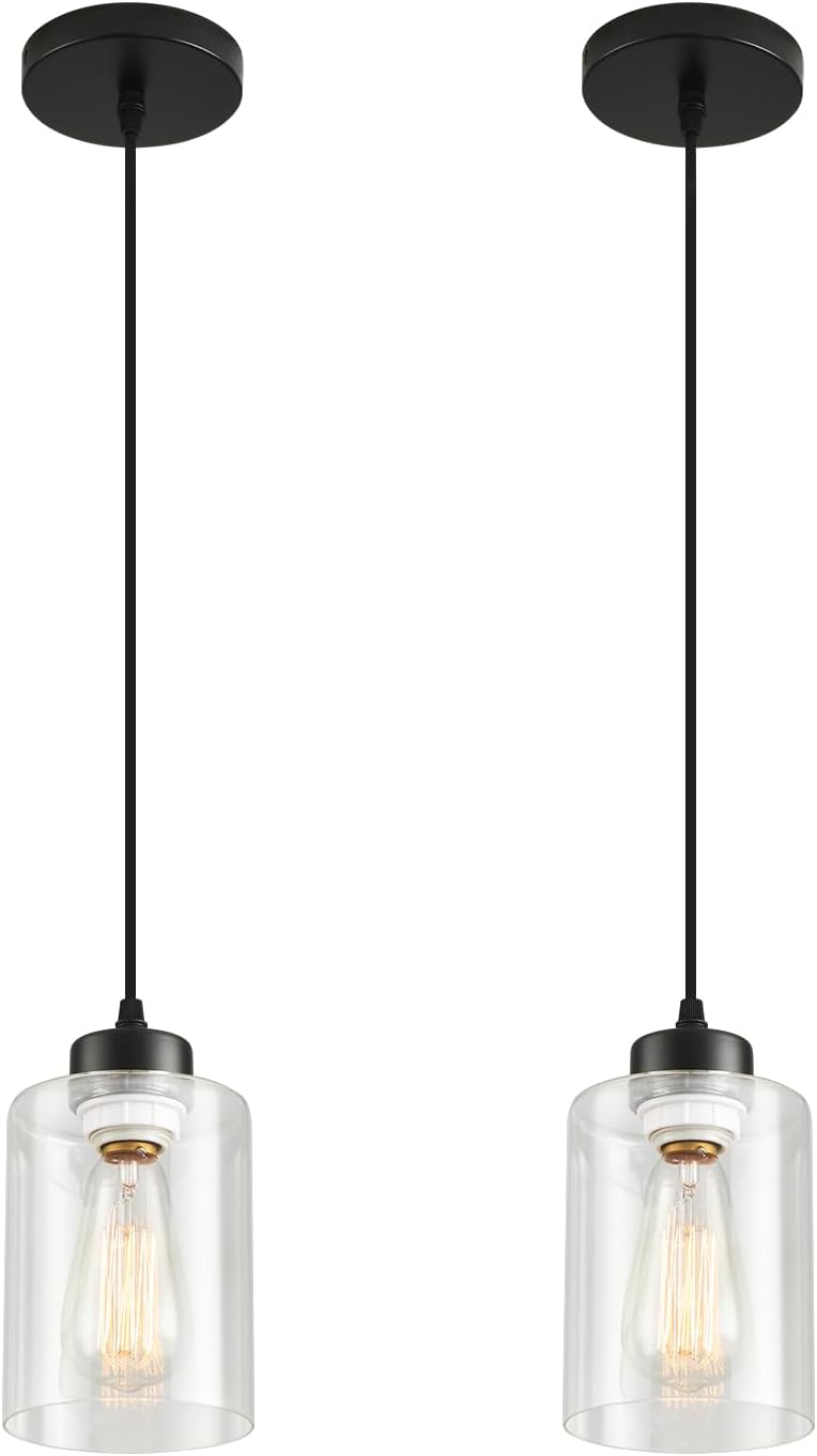 Adjustable Farmhouse Black Pendant Light — 2 Pack Glass Pendant Light