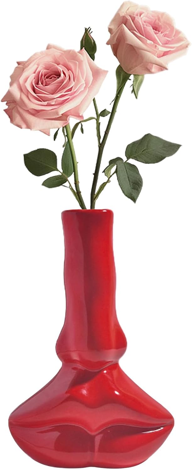 Modern Black Flower Vase — 7" — Red Lip
