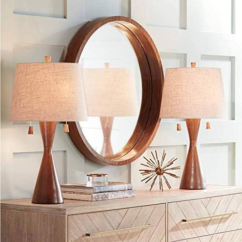 Mid-Century Wood Table Lamp — 28.75" — Two Set