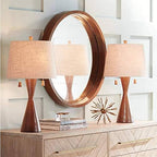 Mid-Century Wood Table Lamp — 28.75" — Two Set