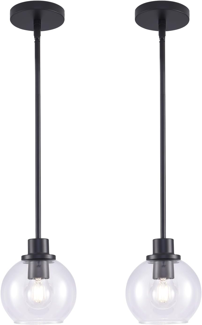 Adjustable Farmhouse Black Pendant Light — Round glass lampshade+black