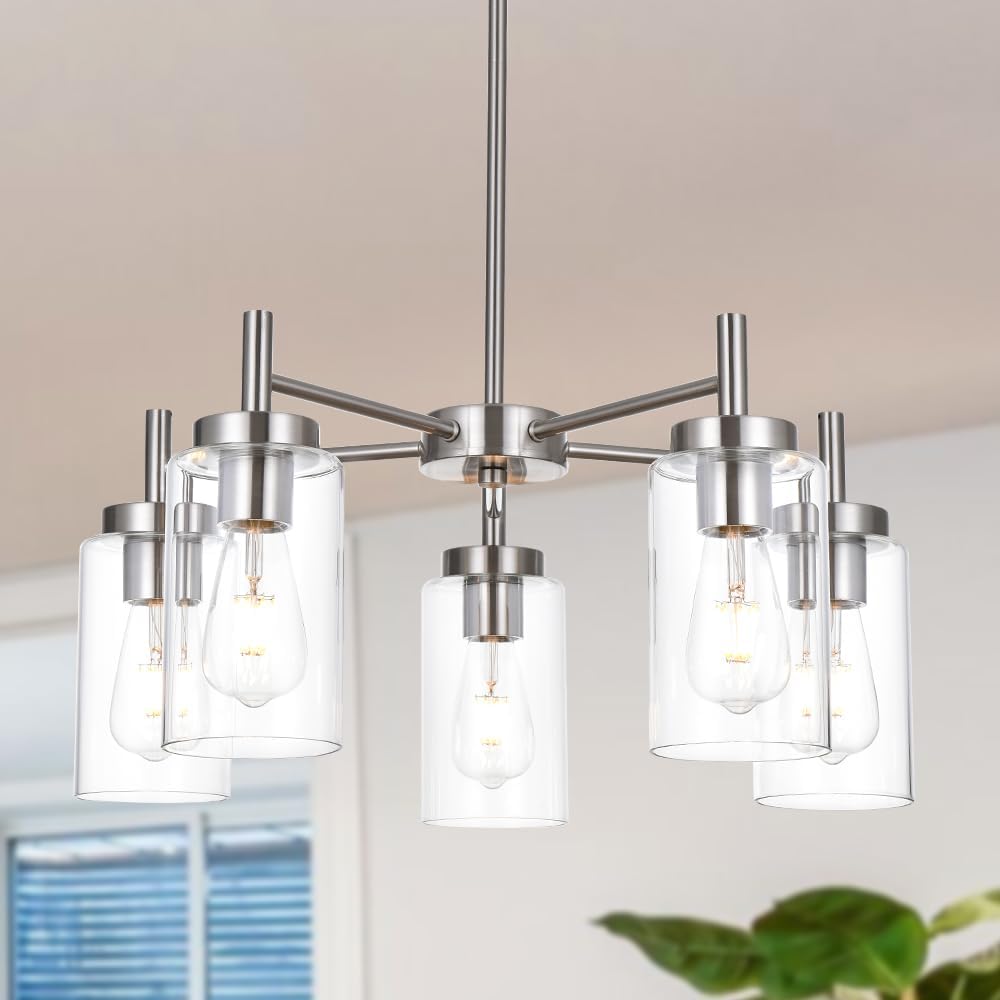 Vintage Modern Black Chandelier — 5-Light — Brushed Nickel