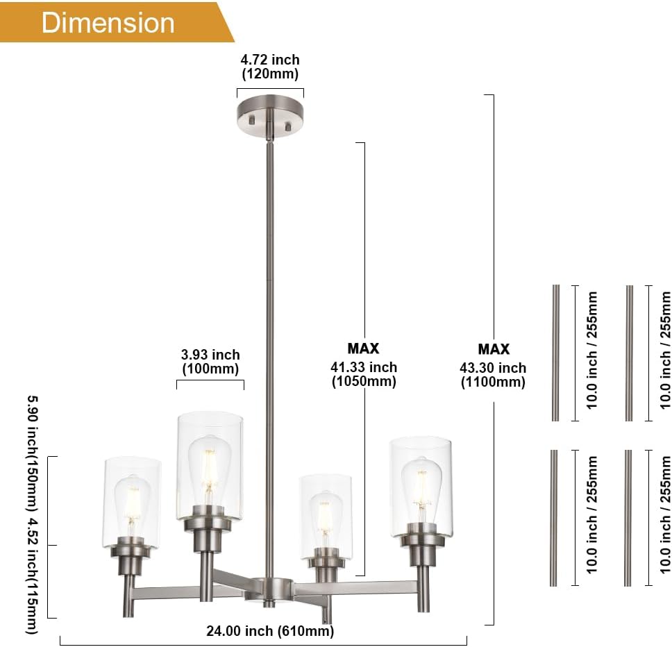 Modern Black Chandelier — 4-Light - View 4
