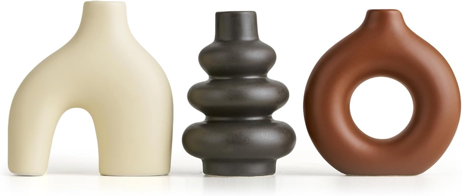 Round Boho Black Flower Vase — Set of 3 — Multicolor