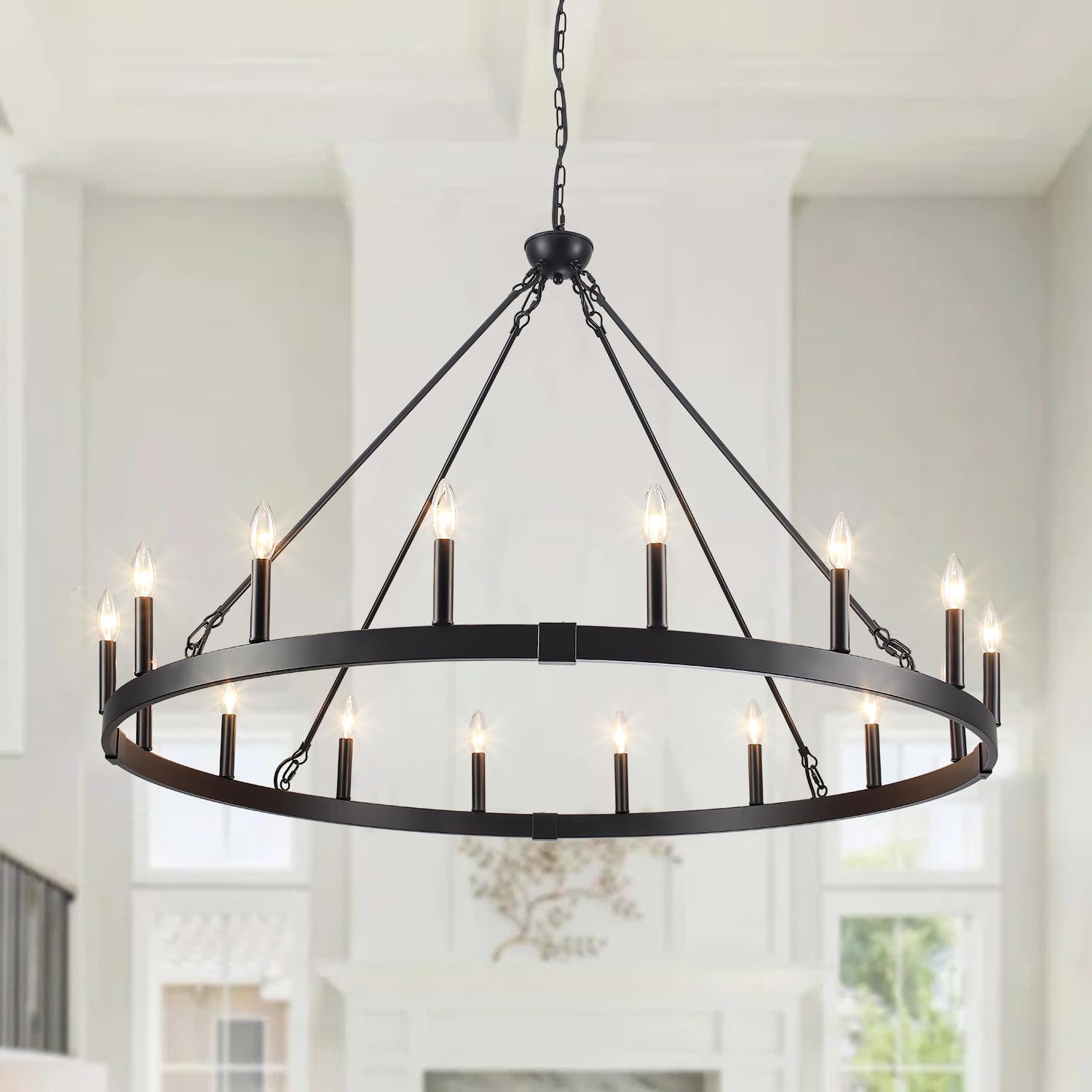 Round Farmhouse Black Chandelier — 12-Light — Black-16 Light-E12