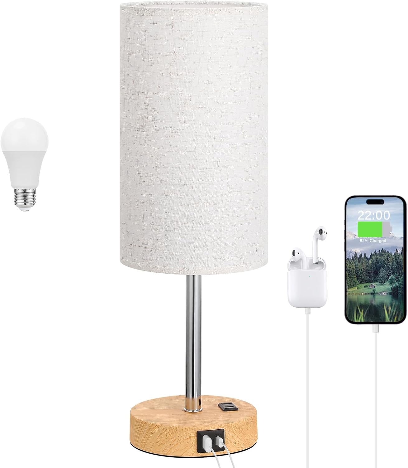 Dimmable Beige Desk Lamp — 14" — Cream & Wooden