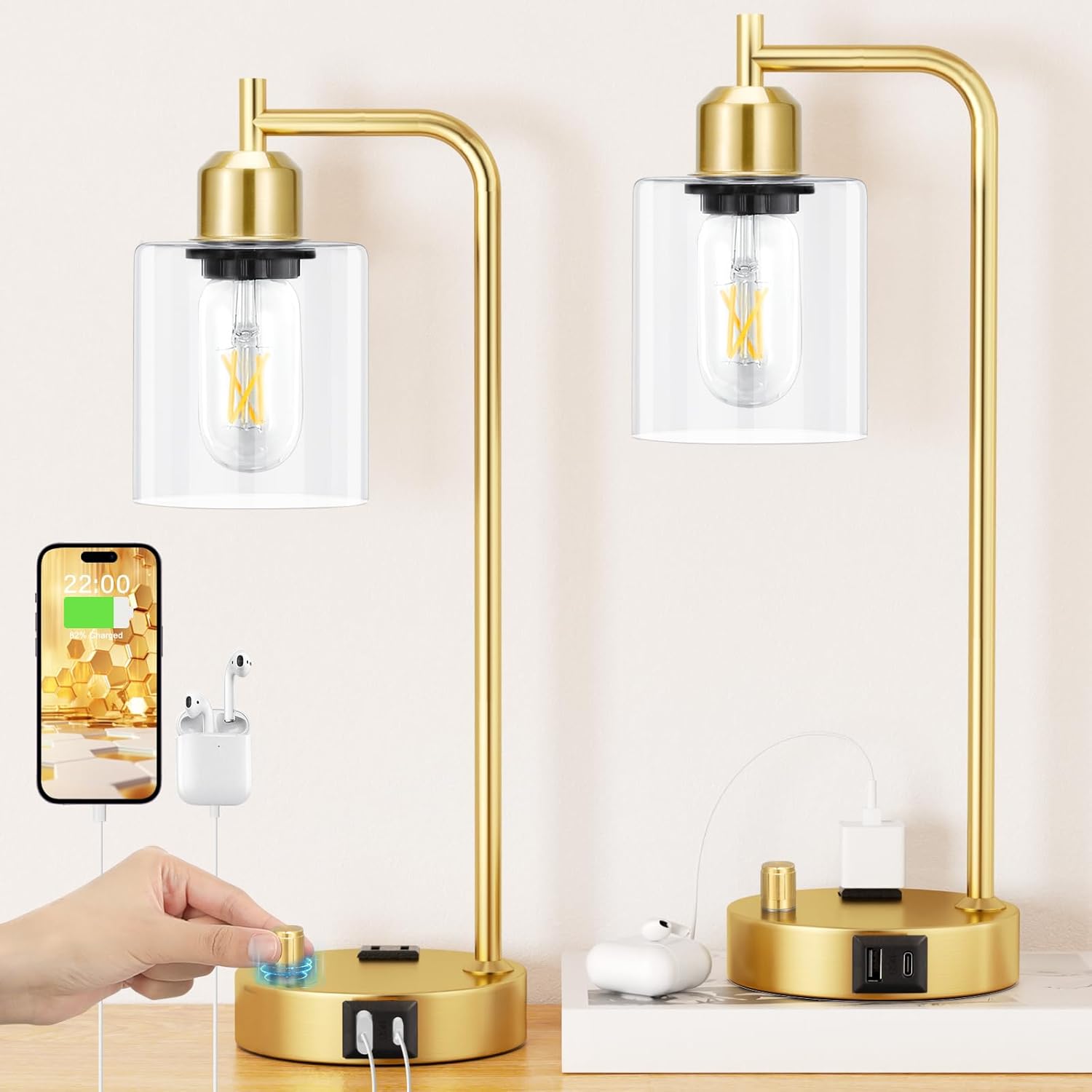 Dimmable Brown Bedside Lamp — Set of 2 — Clear Glass&Gold Base