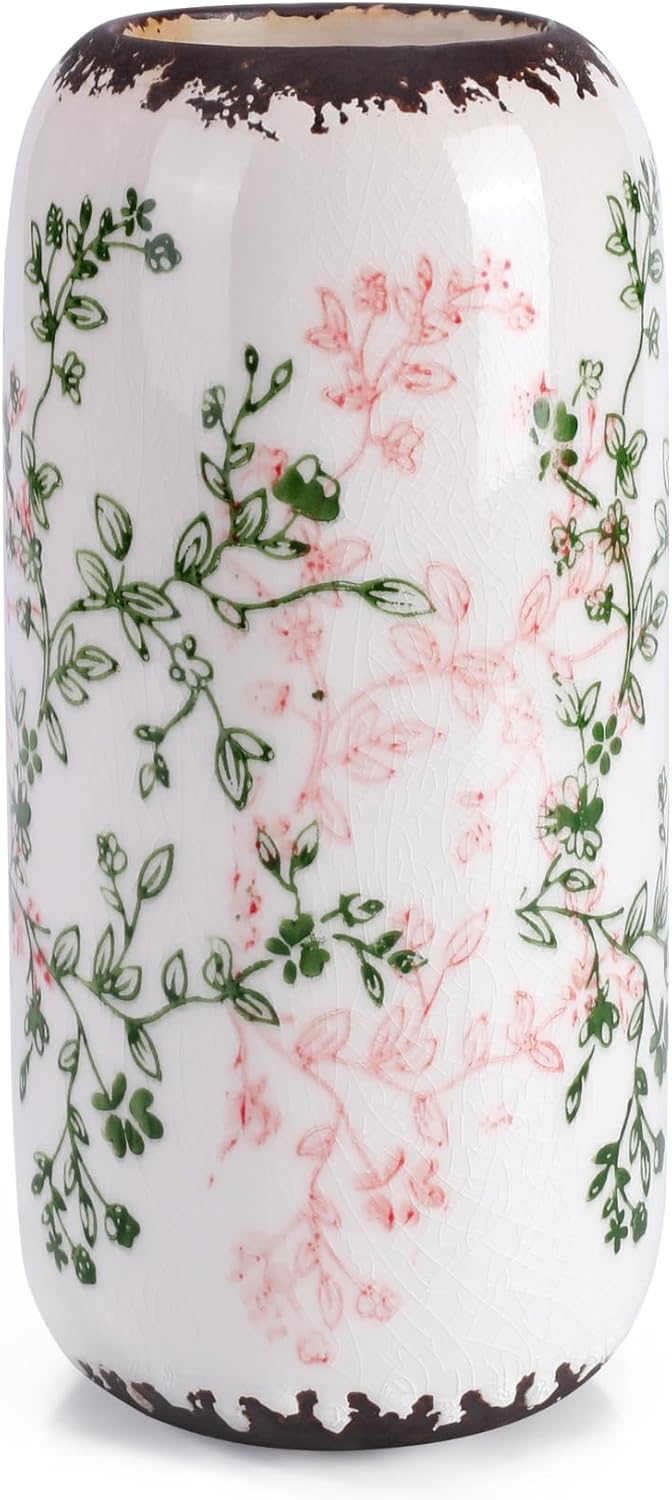 Farmhouse Beige Flower Vase — Green and Beige