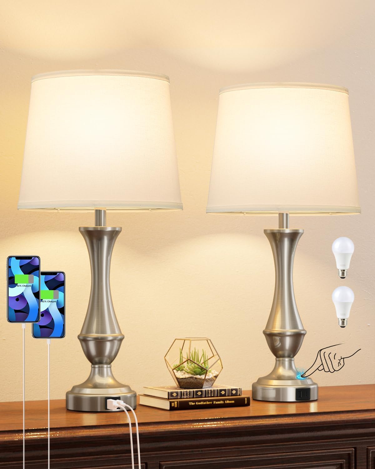 Dimmable Beige Bedside Lamp — Set of 2 — I. White Shade & Nickel Base