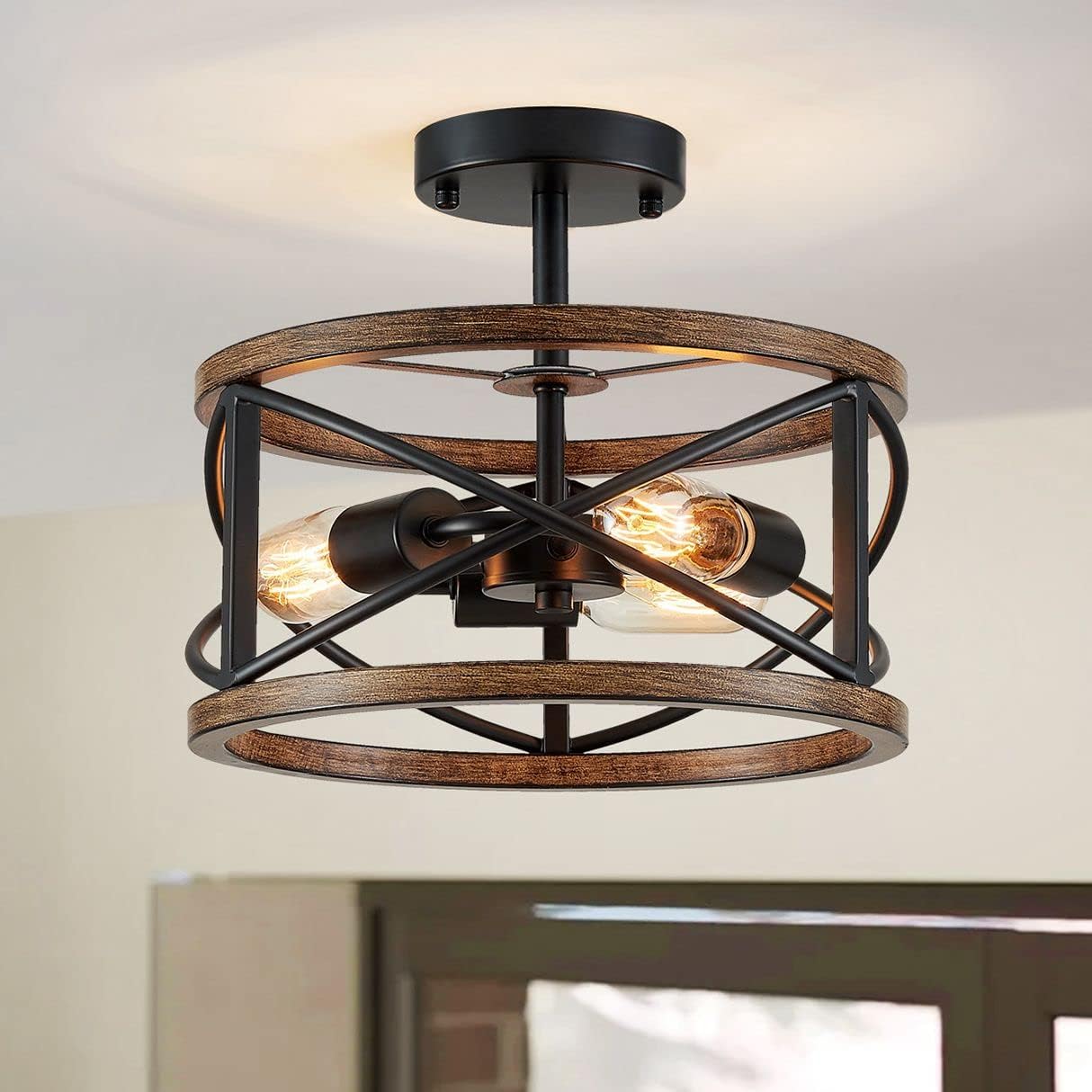 Vintage Farmhouse Black Chandelier — 3-Light — Black, Wood Imitation