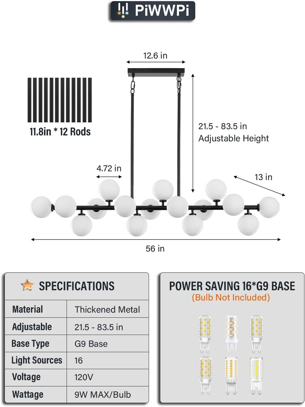 Mid-Century Black Chandelier — 16-Light - View 9