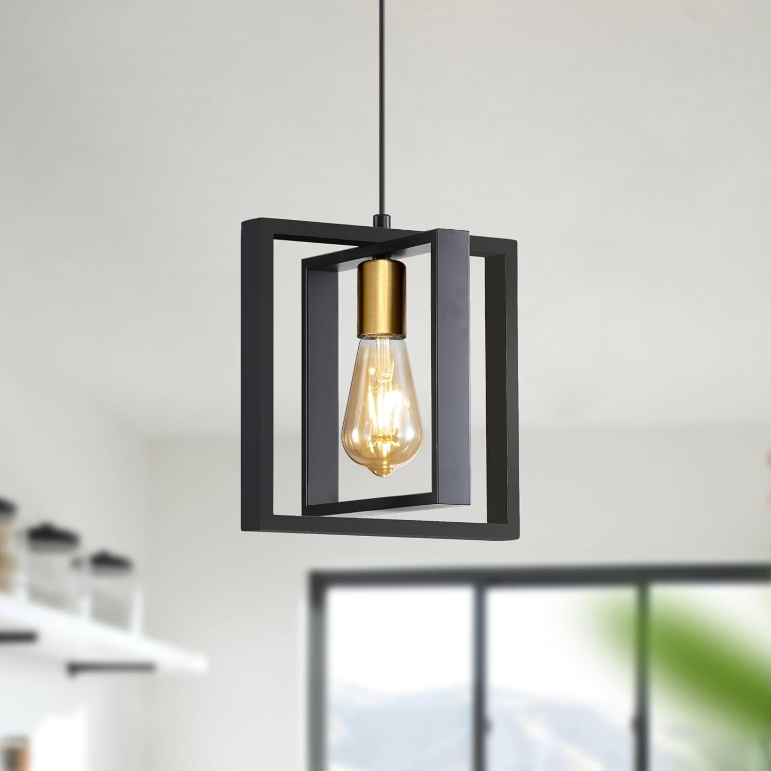Farmhouse Beige Chandelier — 10-Light — Black Square Metal