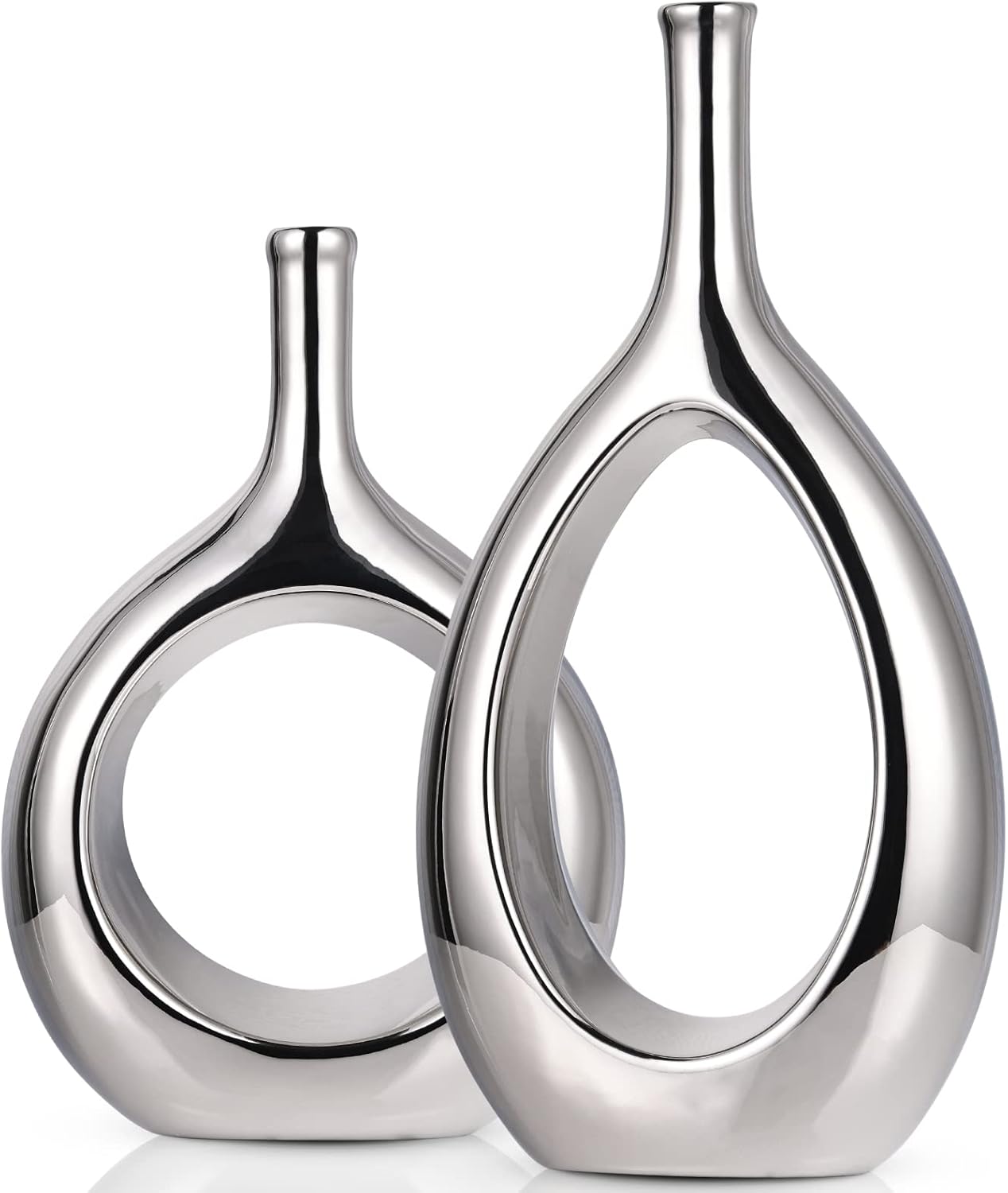 Boho Beige Decorative Vase — Set of 2 — Glossy Silver