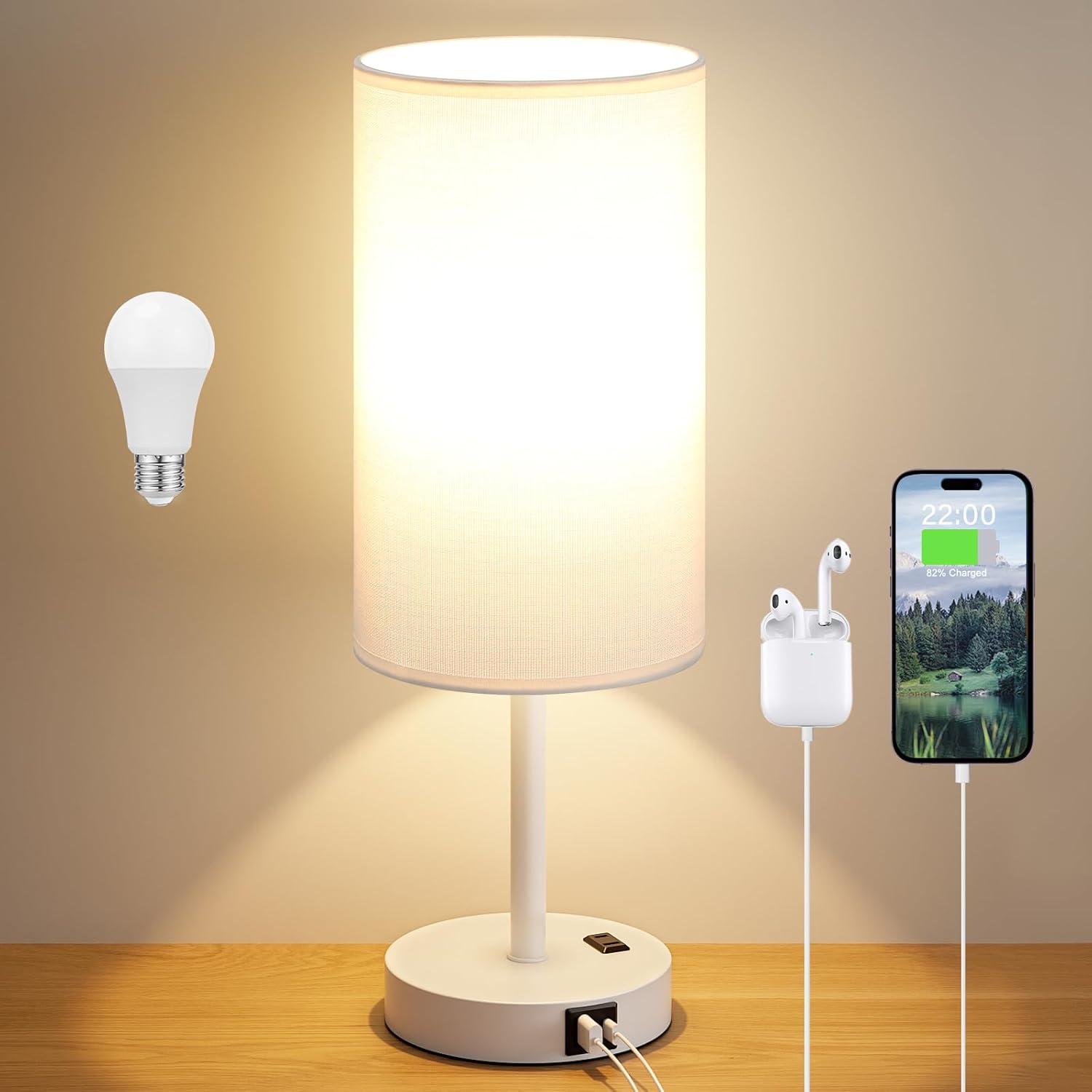 Dimmable Beige Desk Lamp — 14" — White & White