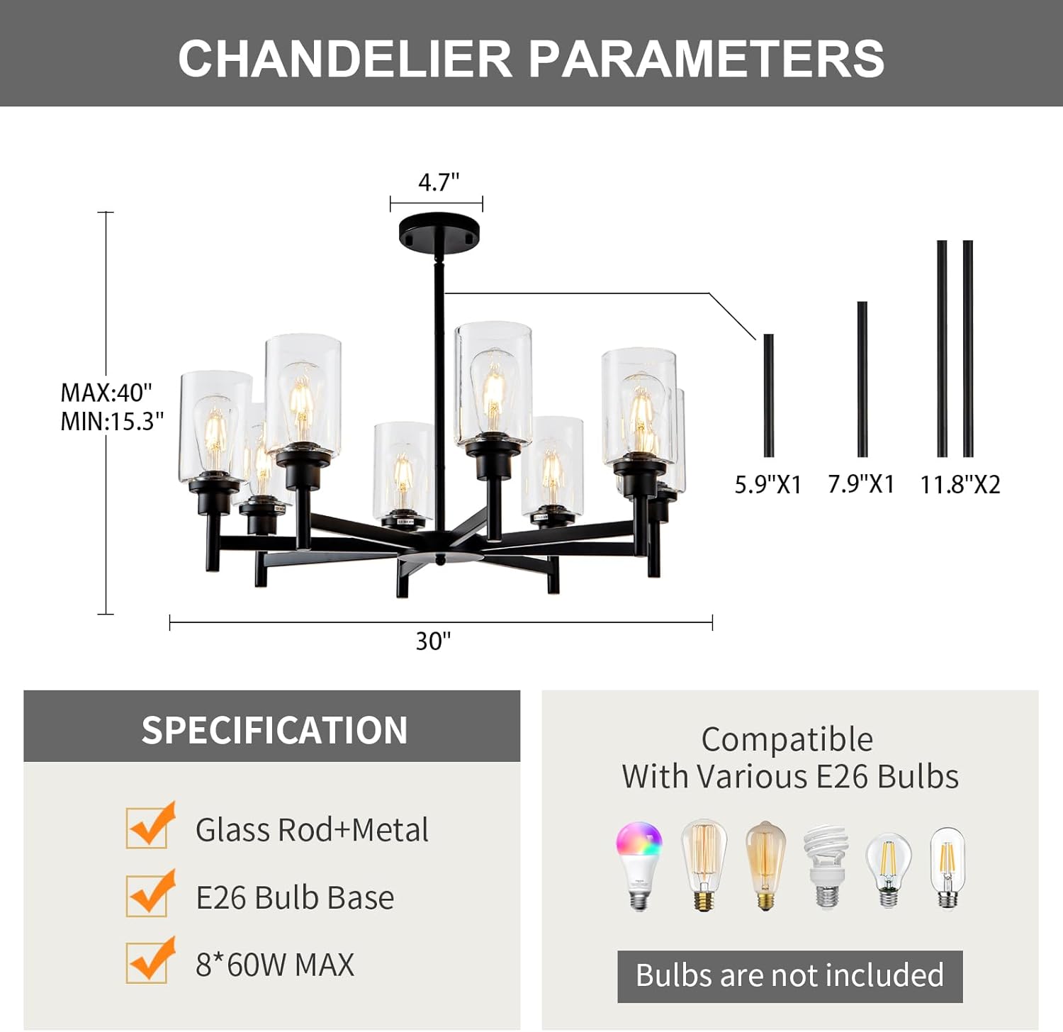 Farmhouse Black Chandelier — 8-Light - View 3