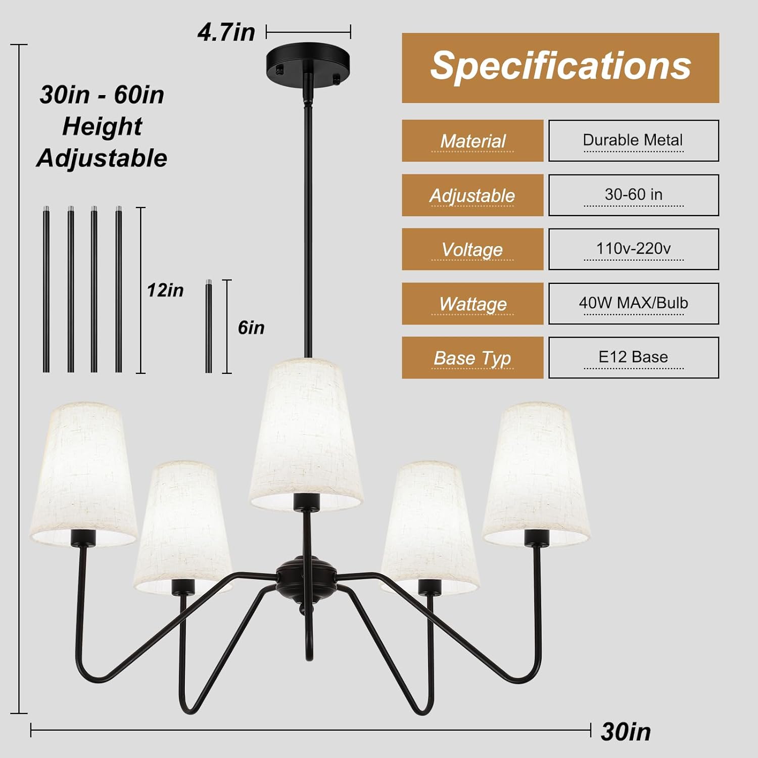 Adjustable Modern Black Chandelier — 5-Light - View 3