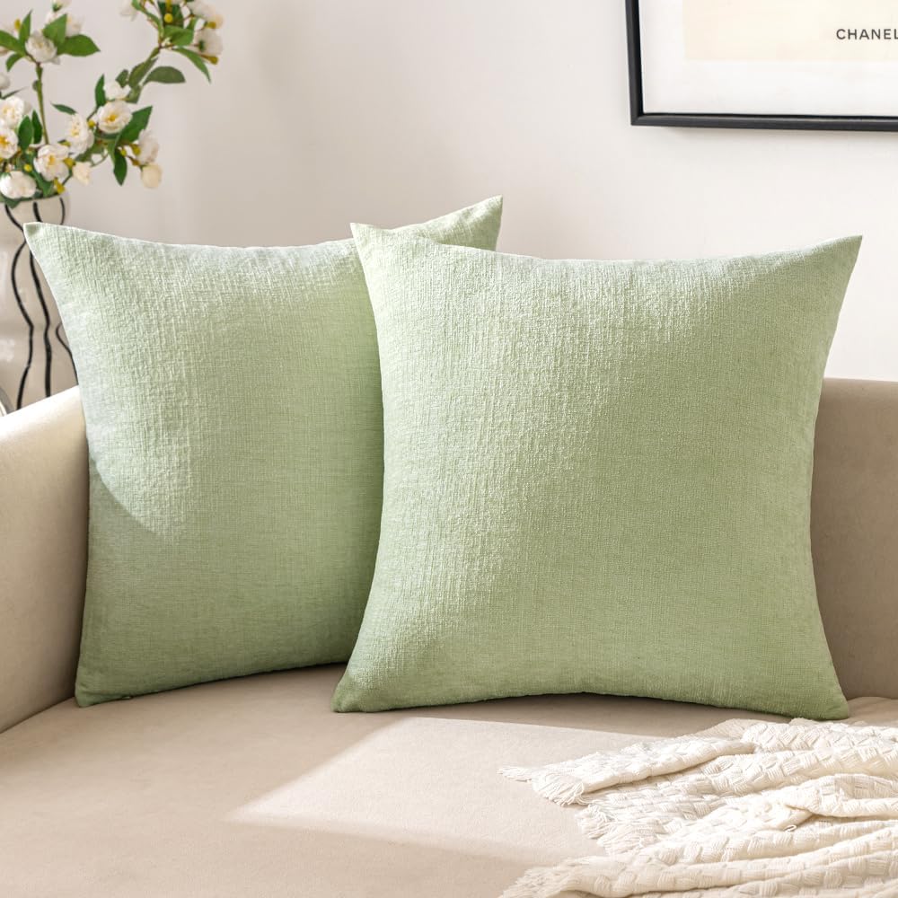 Chenille Boho Beige Throw Pillow Cover — 18" — Light Green