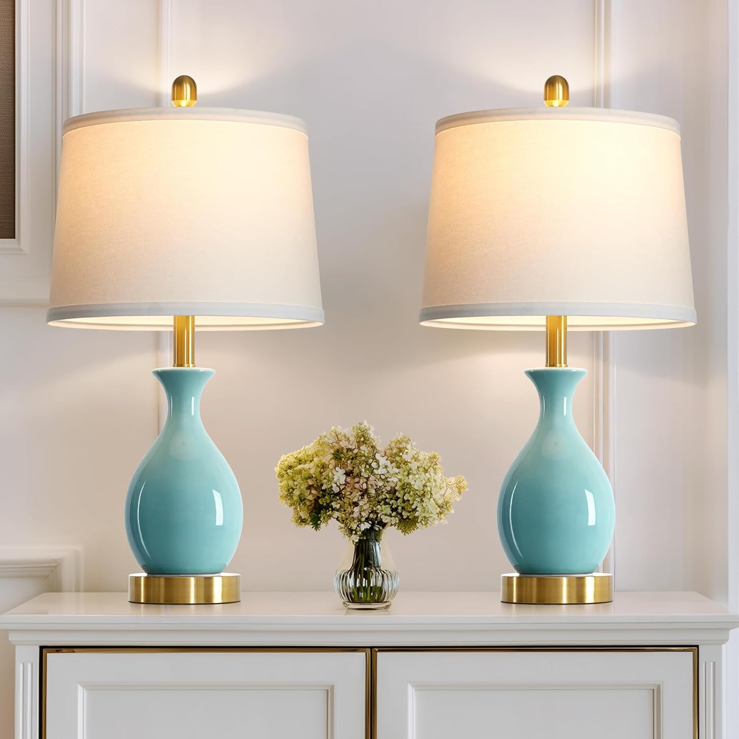 Modern Beige Bedside Lamp — 24" — Aqua Blue - 24"H