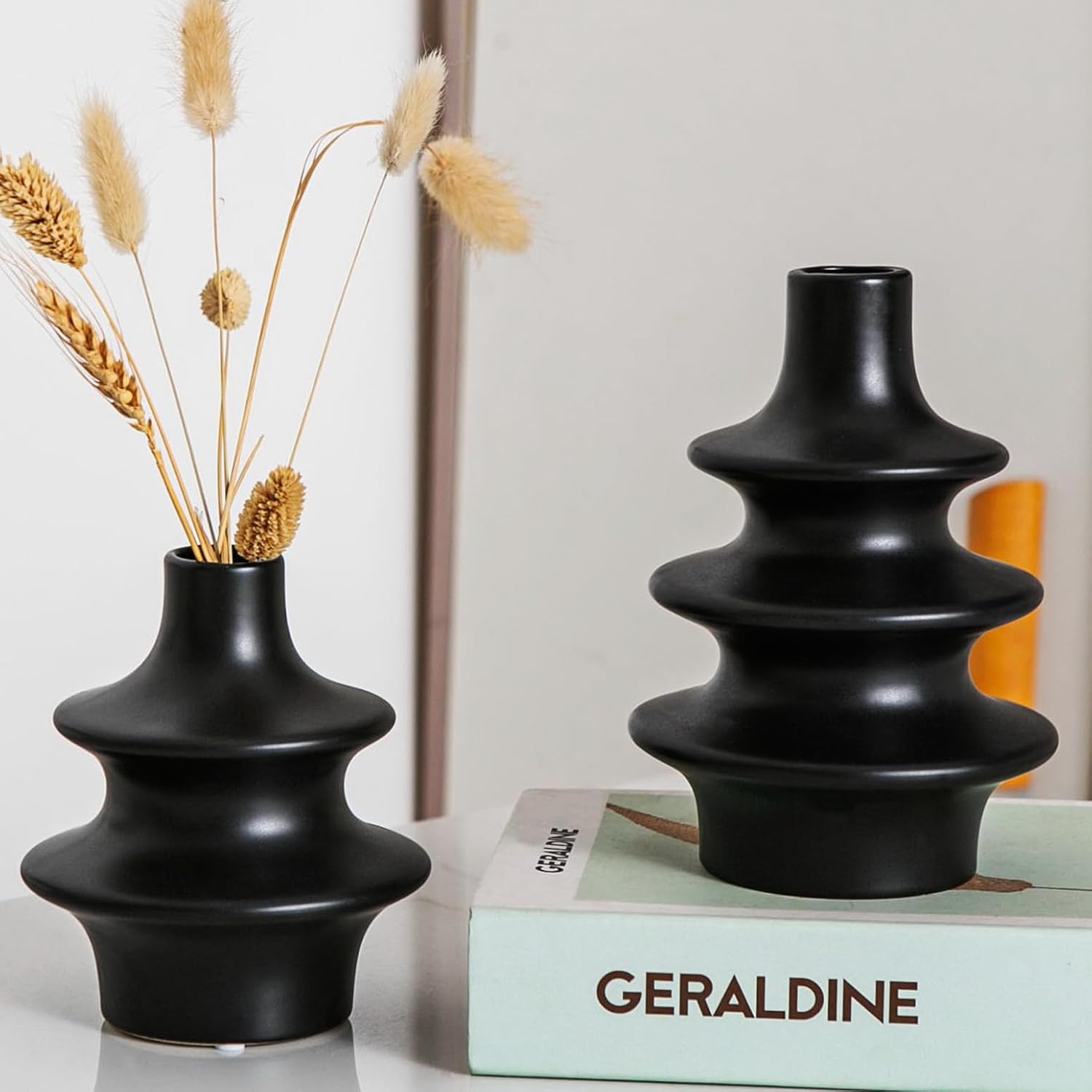 Round Boho Beige Flower Vase — Set of 2 — 5 Matte Black Vase