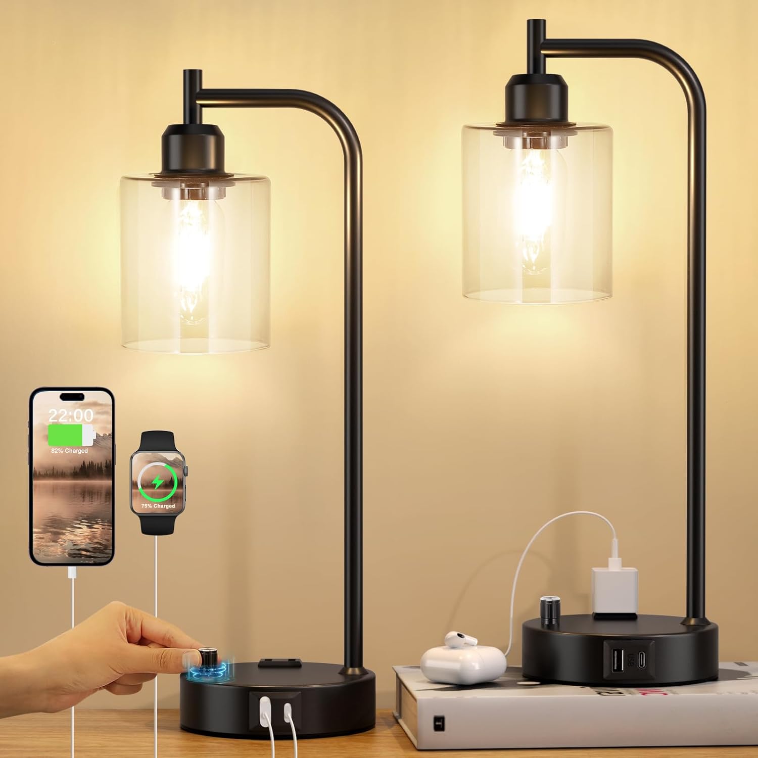 Dimmable Brown Bedside Lamp — Set of 2 — Clear
