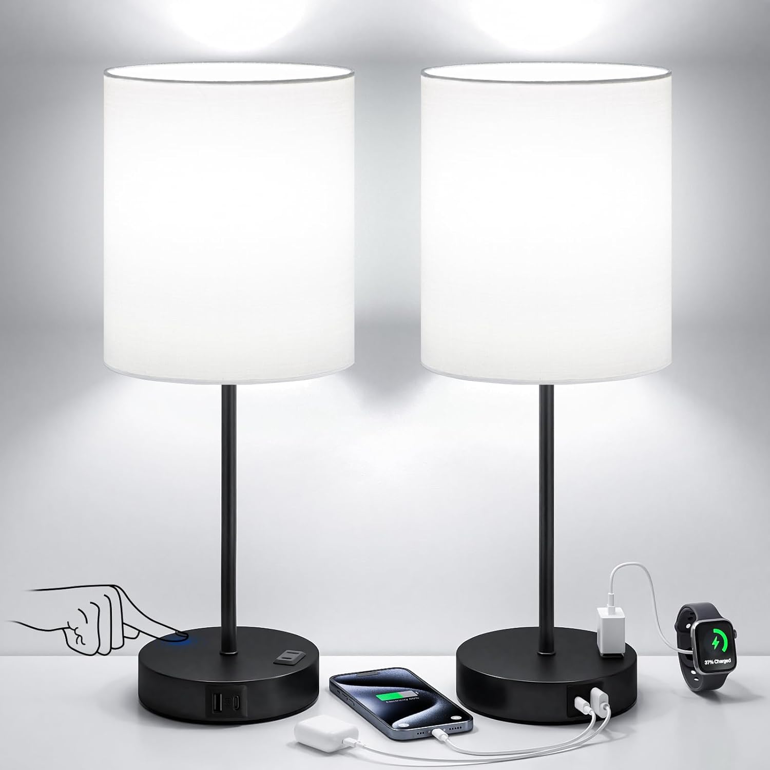 Dimmable Black Table Lamp — Set of 2 — White - Black