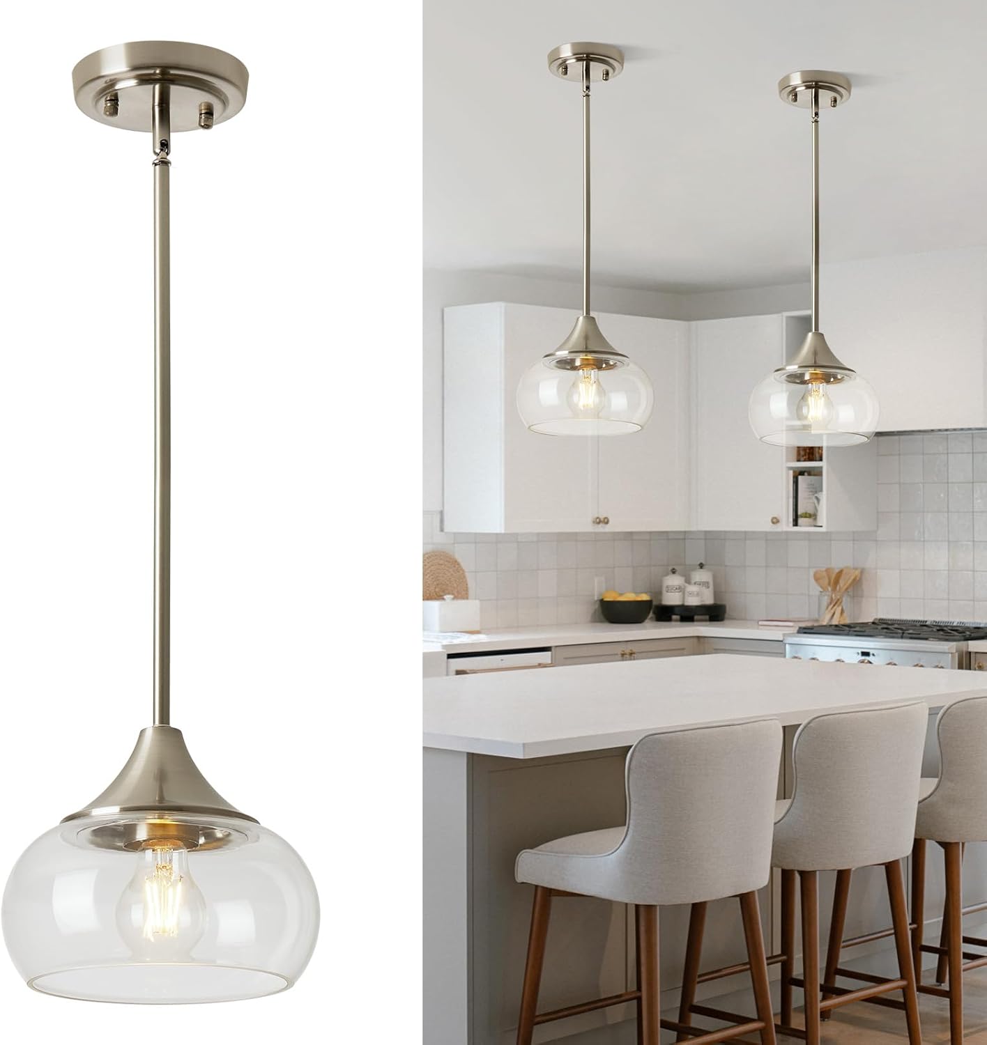 Modern Black Pendant Light — 8.5" — 2 Pack-Brushed Nickel + Clear Glass