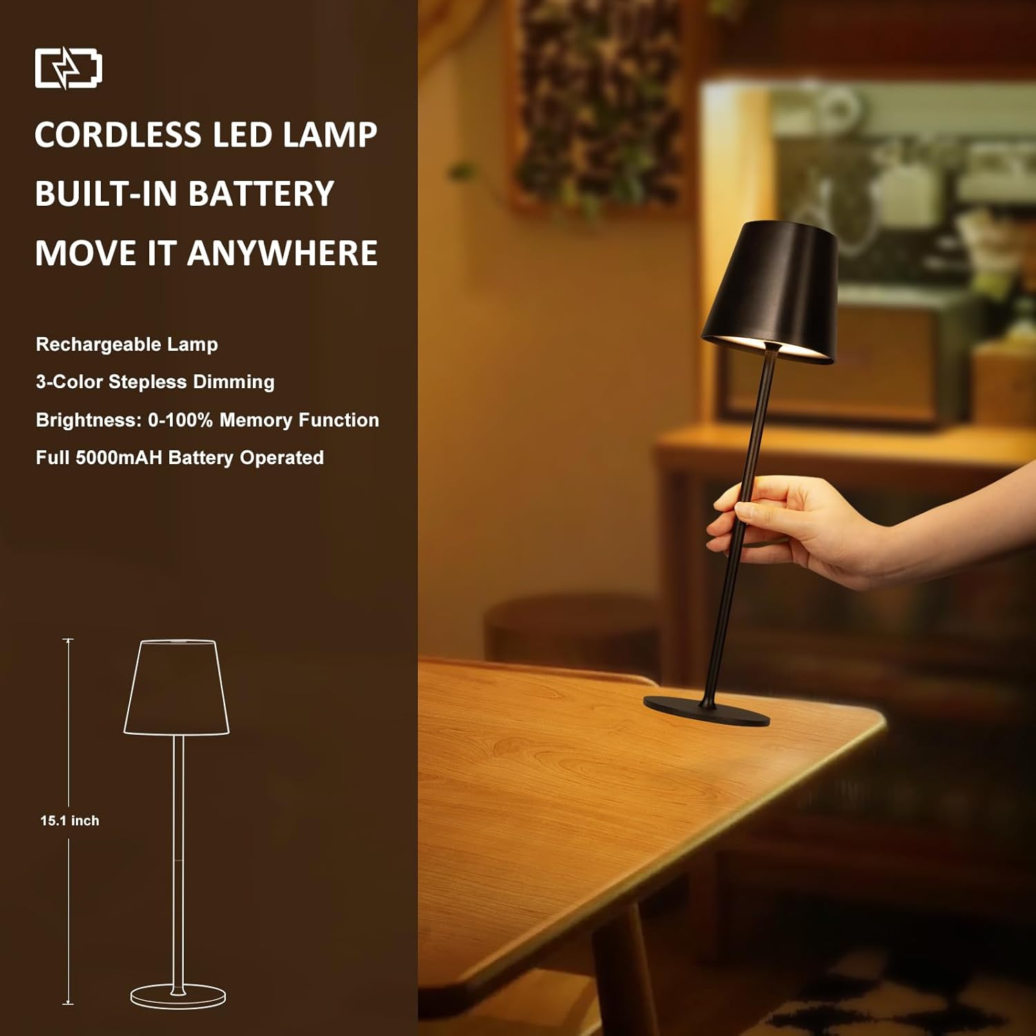 Cordless Black Table Lamp - View 5