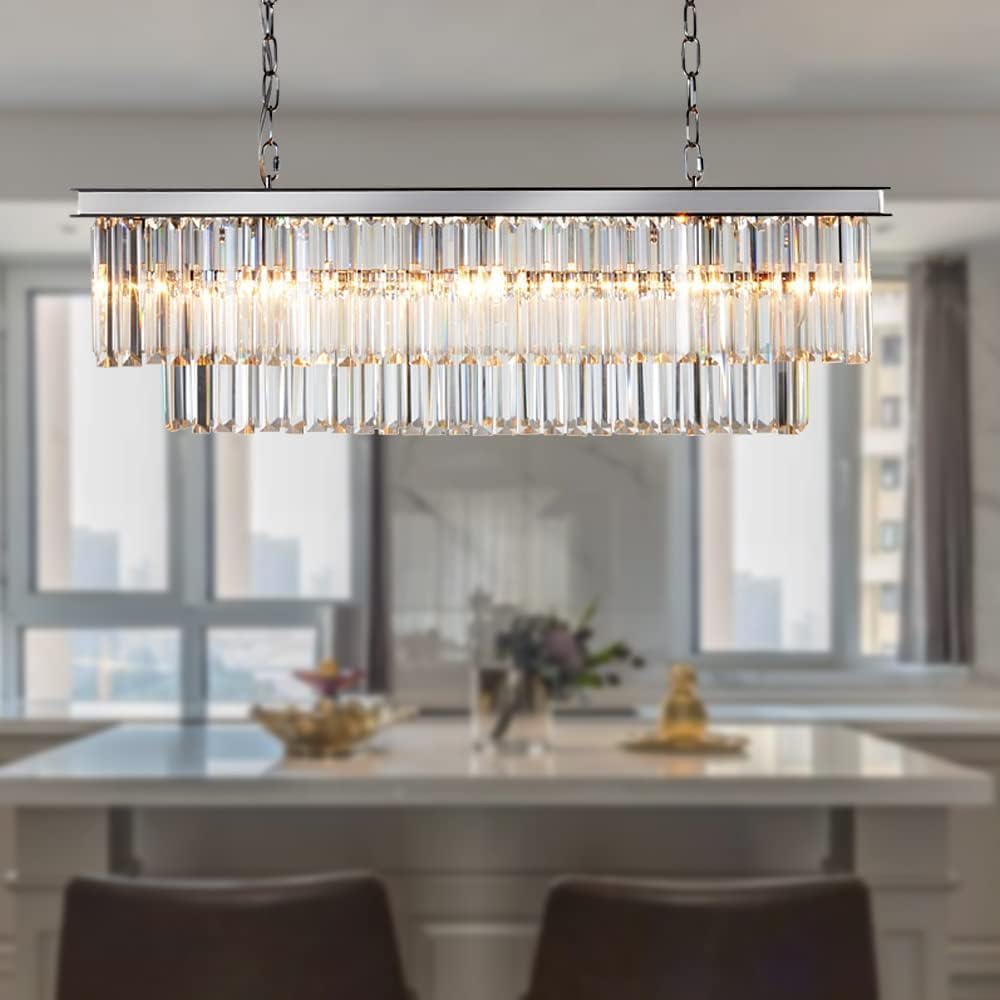Rectangular Luxe Black Chandelier — 12-Light — Chrome