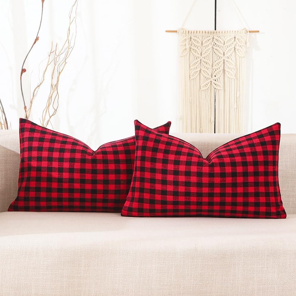 Farmhouse Beige Pillow Cover — 20" — Red & Black Gingham Set of 2