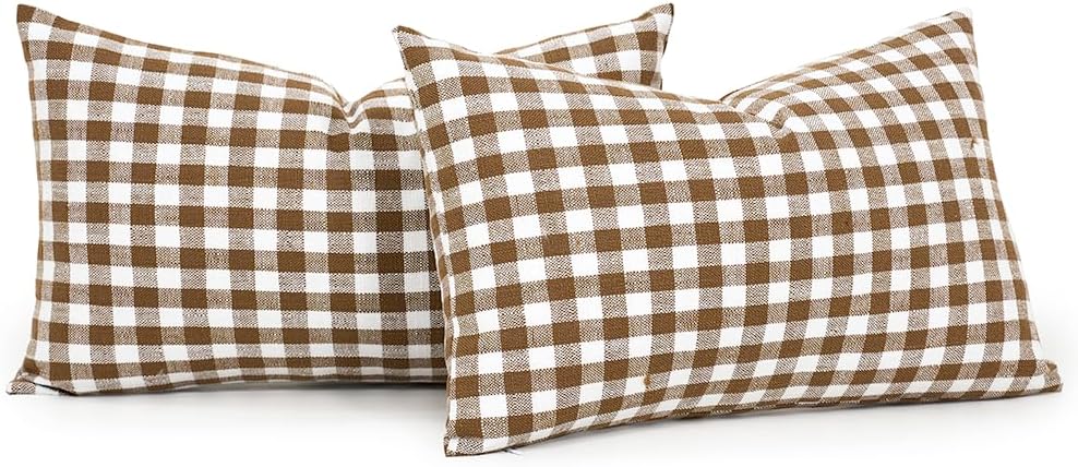 Farmhouse Beige Pillow Cover — 20" — Khaki & White Gingham Set of 2