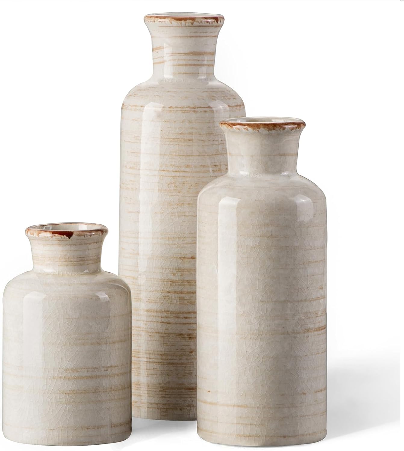 Farmhouse Blue Flower Vase — Set of 3 — Ivory