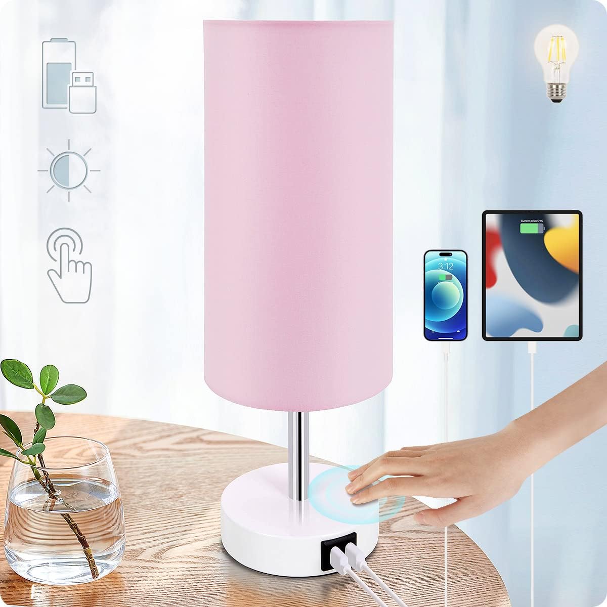 Dimmable Black Nightstand Lamp — Pink2