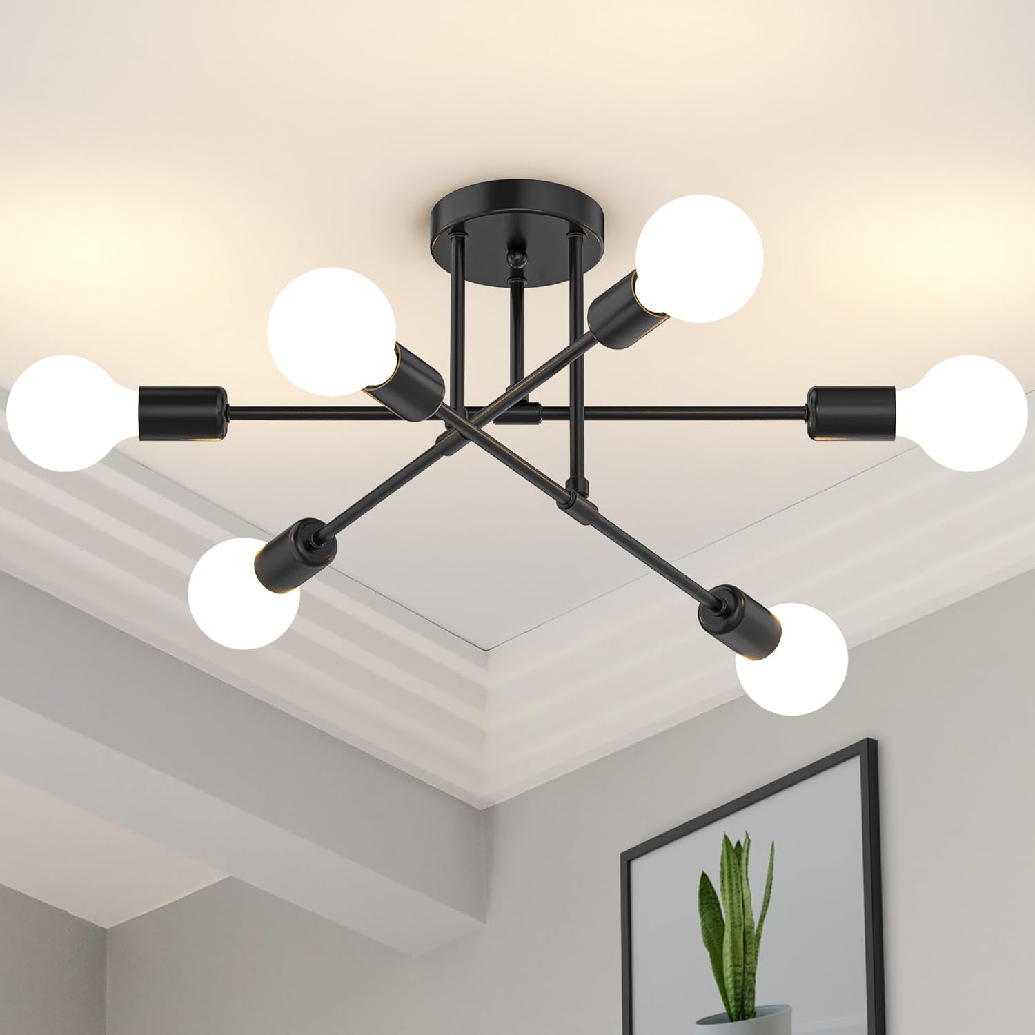 Mid-Century Black Chandelier — 6-Light — Matte Black