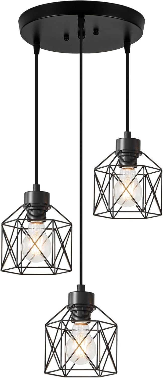 Farmhouse Black Pendant Light — 3-Light — Round Chassis Metal Pendant Light 3 Light