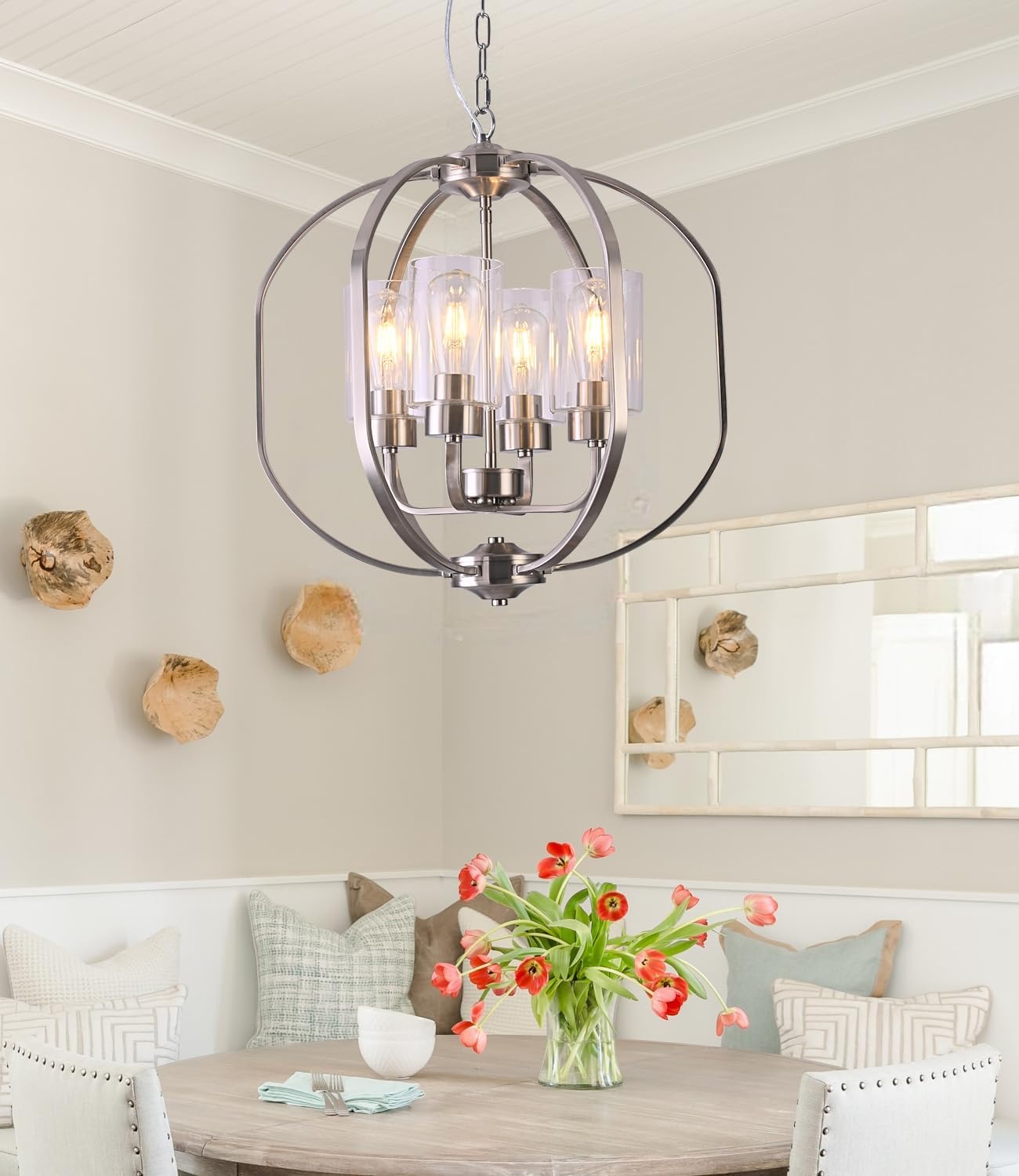 Farmhouse Black Chandelier — 4-Light — 20" Nickel+Clear Glass