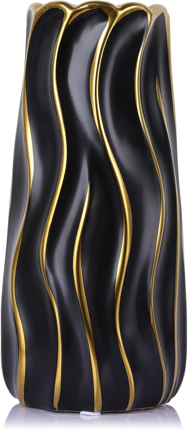 Boho Black Flower Vase — 9.5" — Black and Gold